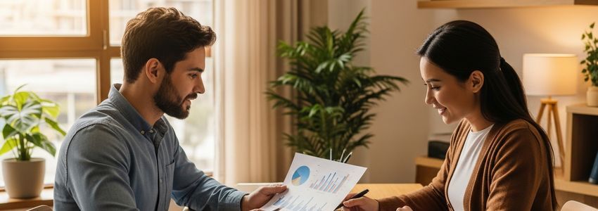 Business owner and financial advisor reviewing asset turnover ratio data and financial performance charts