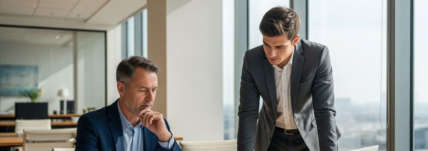 Business owners reviewing loan assumption documents during a business transfer meeting