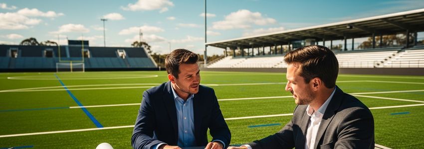 Athletic field business owner and advisor reviewing financing documents at a sports complex