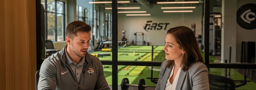 Certified athletic trainer reviewing business loan documents at a sports performance facility