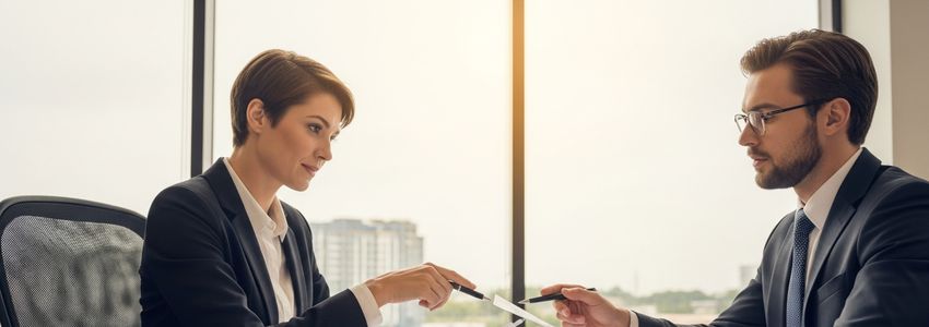 Small business owner and financial advisor discussing loan options in an Atlanta office