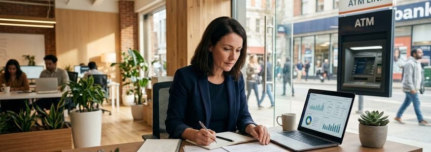 Business owner reviewing ATM financing options at a modern office desk