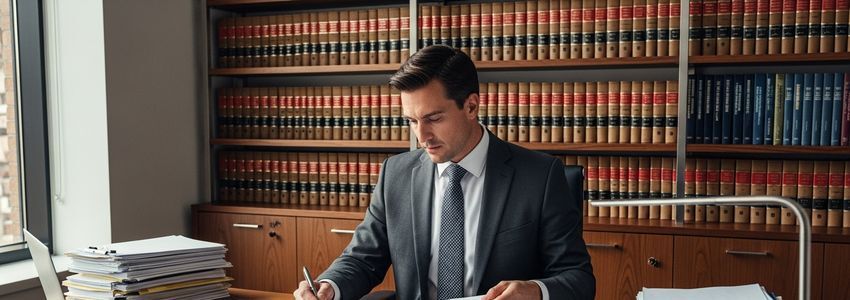 Attorney reviewing law firm financing options at a modern office desk