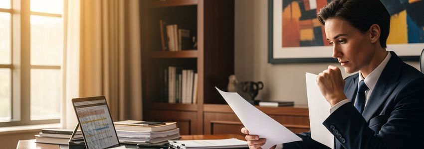 Business owner reviewing auction company financing documents at office desk