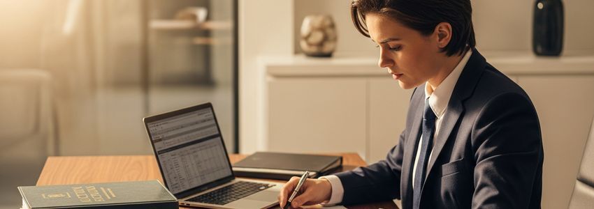 Small business owner reviewing auction house financing options at a modern office desk