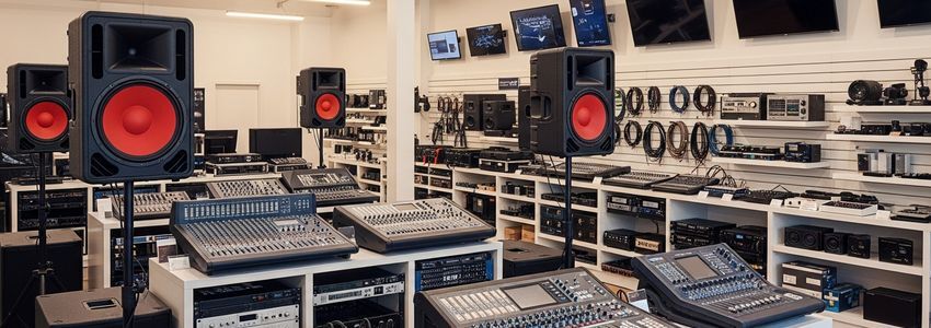 Commercial audio equipment showroom displaying professional PA systems, mixing consoles, and AV gear available for business financing