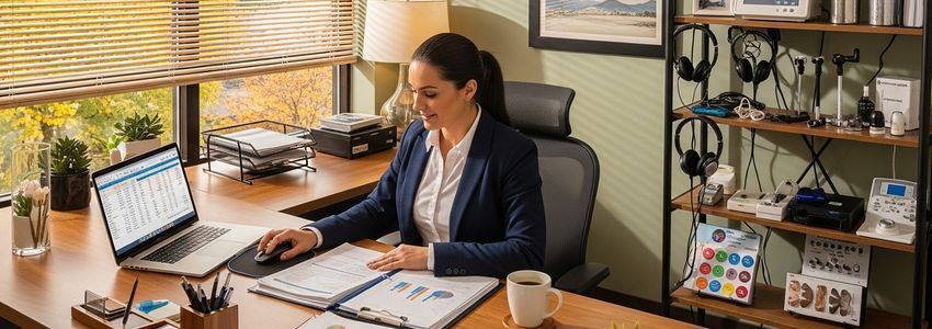 Audiologist reviewing business financing documents at a desk in a modern hearing care clinic