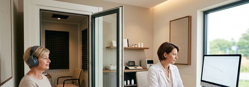 Audiologist and patient at a sound-treated audiometric testing booth in a hearing practice