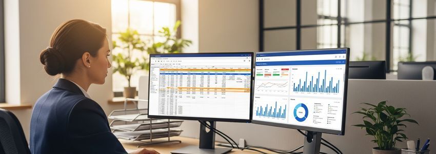 Auditing company professional reviewing financial data on computer monitors in a modern office setting