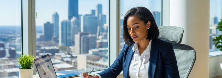 Small business owner reviewing financing options in Aurora, Illinois office