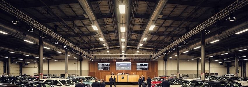 Auto auction business professional reviewing financing documents at a commercial vehicle auction facility