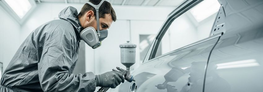 Auto body technician painting inside a professional spray paint booth