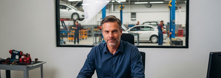 Auto body shop owner reviewing financing documents at shop desk