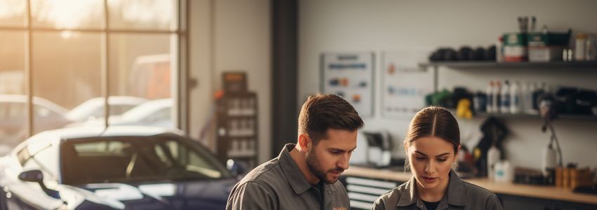 Two auto detailing professionals reviewing financing documents at a workbench inside a modern detailing shop