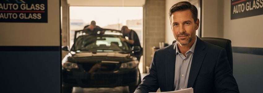 Auto glass business owner reviewing financing options at office desk