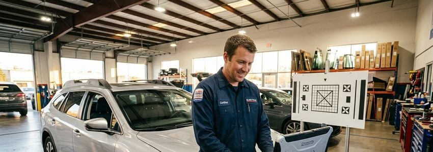 Auto glass shop technician operating ADAS calibration equipment on a vehicle