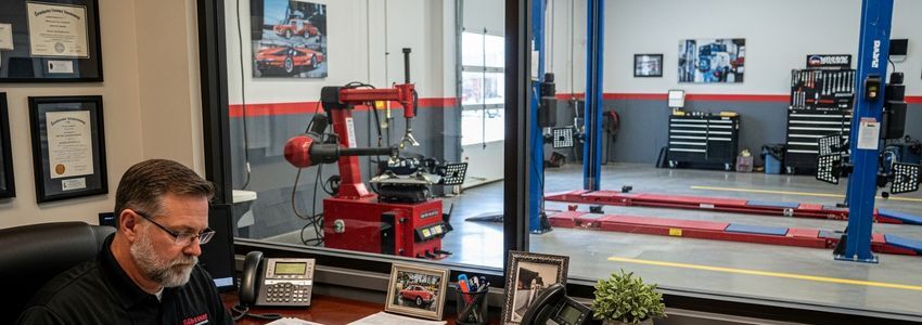 Auto repair shop owner reviewing equipment financing options at desk with shop floor visible in background