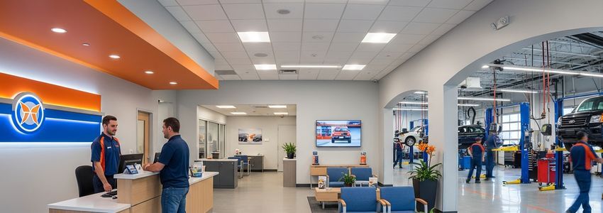 Auto repair shop with mechanic working on a car lift inside a professional franchise service center