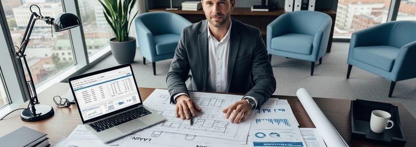 Auto repair shop owner reviewing buildout financing options at a modern office desk