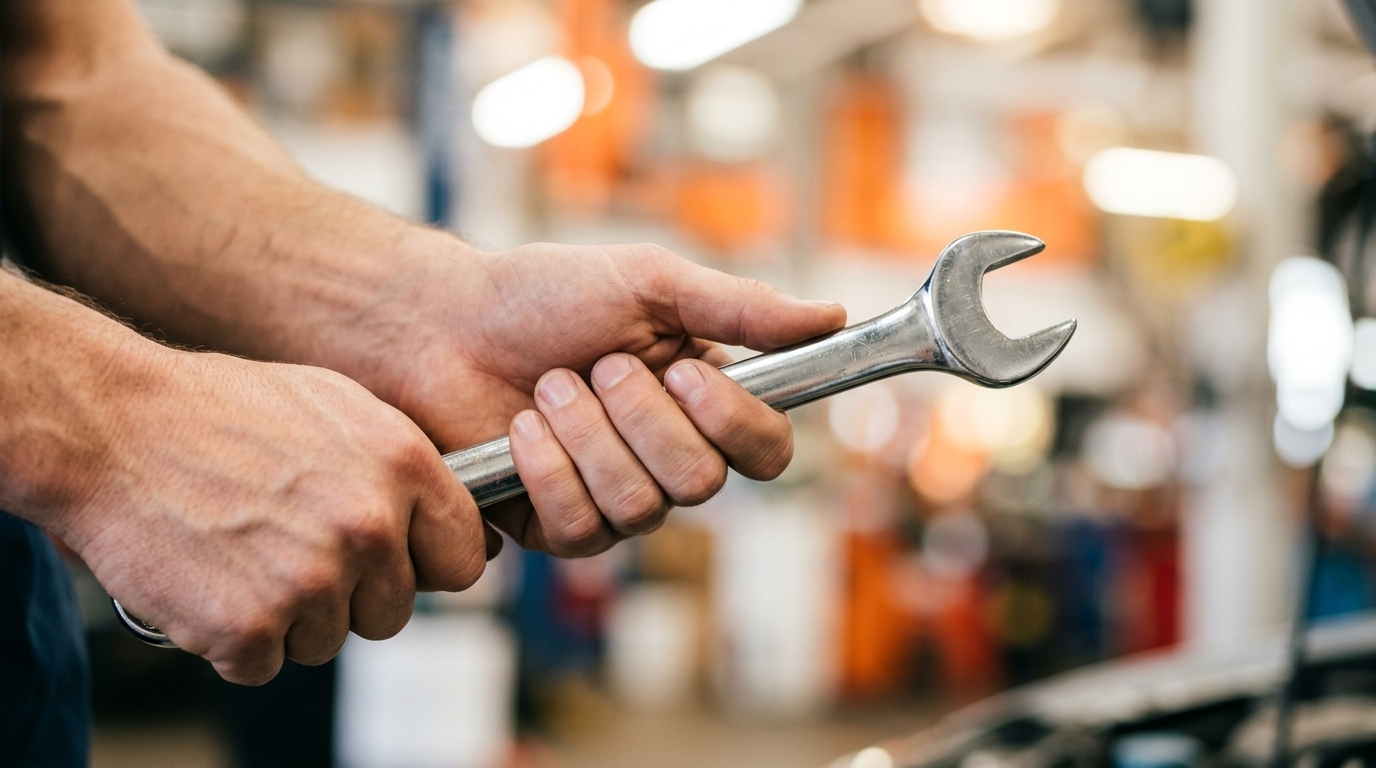 Auto repair shop mechanic working with professional tools in a well-equipped garage bay