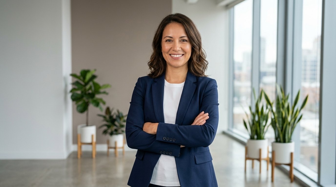 Professional auto repair shop owner standing confidently in a modern office representing auto repair shop loans