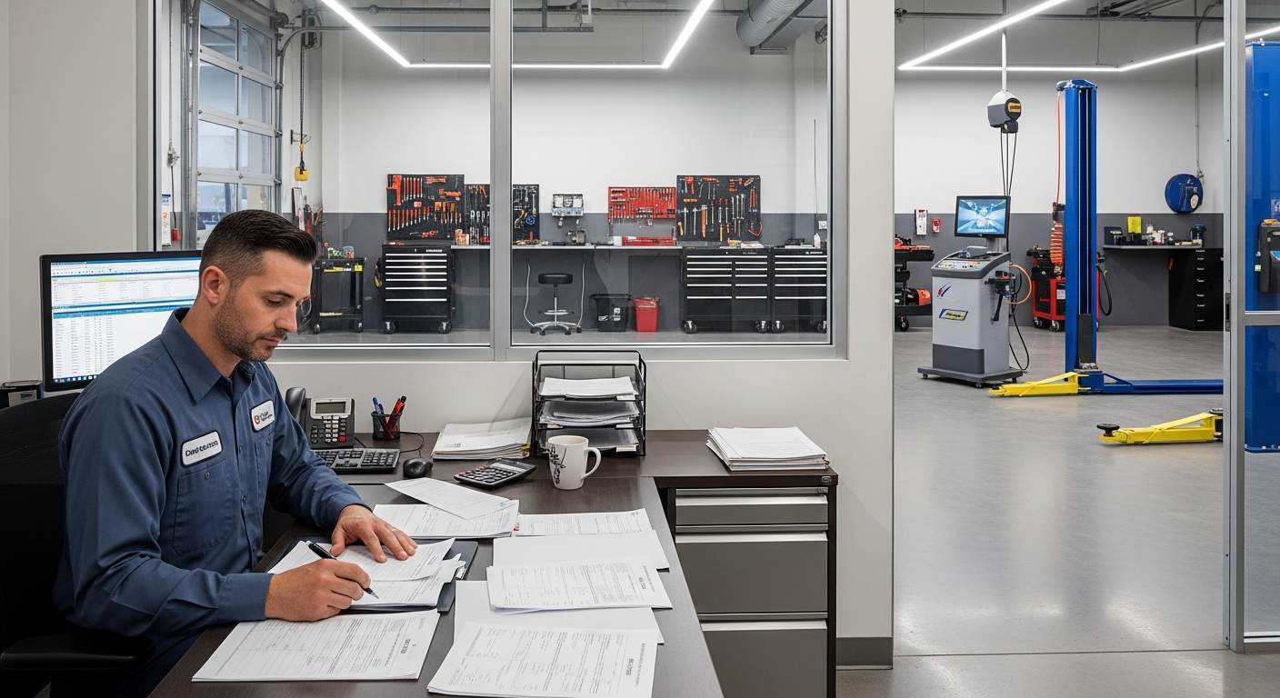 Auto repair shop owner reviewing financing options at desk