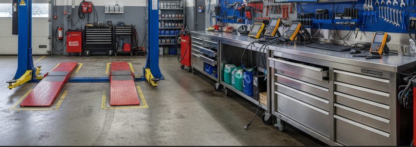 Professional auto repair shop interior with hydraulic lifts and organized tools for business financing