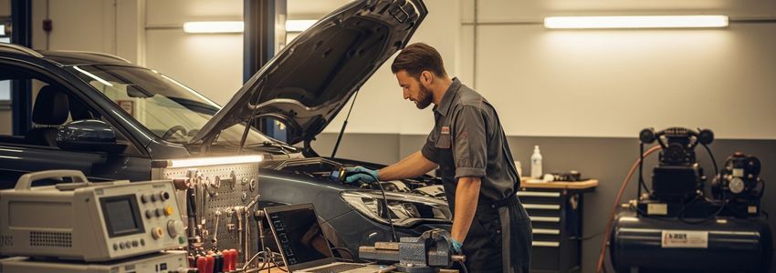 Auto mechanic using diagnostic scanner with compressor in background in professional auto repair shop
