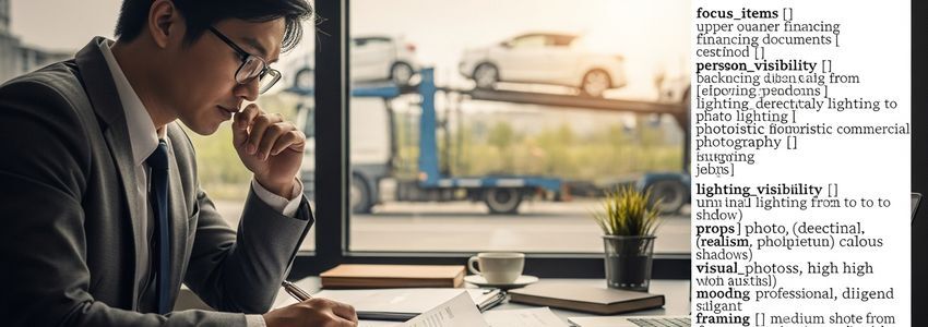 Auto transport business owner reviewing financing documents in a commercial office with a car carrier truck visible through the window