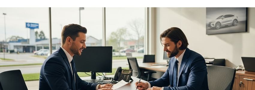 Automotive wholesale dealer and lender reviewing business loan documents in a dealership office