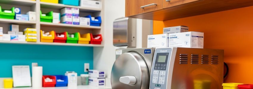 Medical practice manager reviewing autoclave financing options at a healthcare clinic