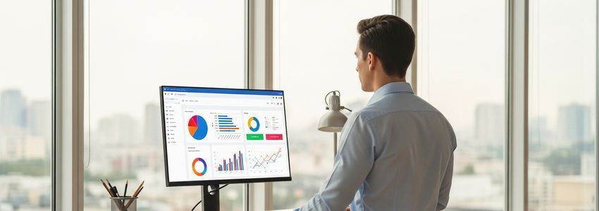 Small business owner reviewing automation analytics dashboards in modern office