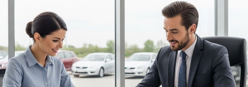 Used car dealership owner reviewing automotive business loan documents