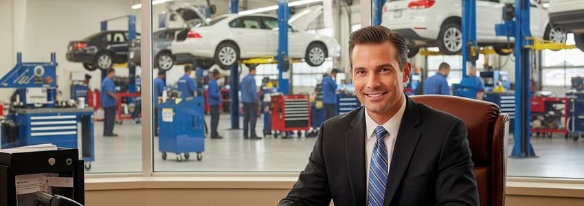 Automotive franchise business owner reviewing financing options at a dealership
