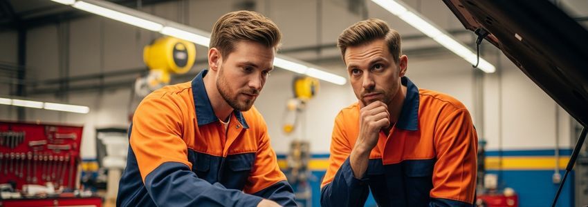 Automotive shop technicians in orange uniforms working in a professional auto repair shop