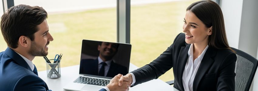 Business owner reviewing autonomous robot financing options with a financial advisor at a modern office desk
