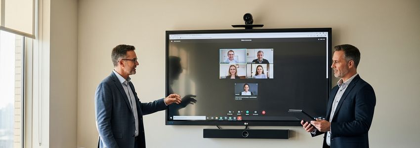 Business owner reviewing audio visual equipment financing options with an AV advisor in a professional conference room