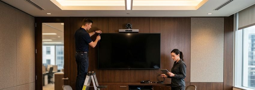 AV integration technicians installing a video conferencing display in a corporate conference room