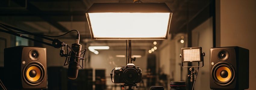 Professional audio and video production equipment setup in a content studio