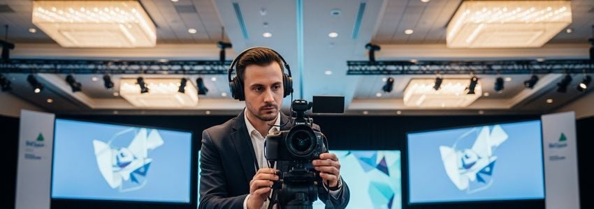AV technician setting up equipment at corporate event