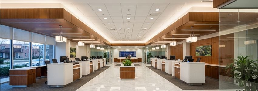 Modern bank branch interior representing traditional lending institutions and their loan timelines