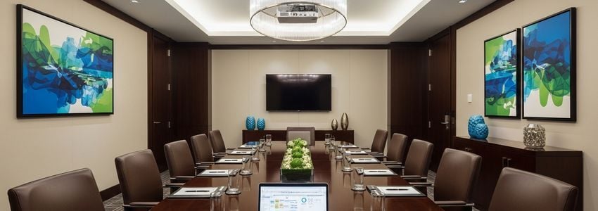 Hotel franchise owner reviewing financing documents with a financial advisor in a modern hotel lobby