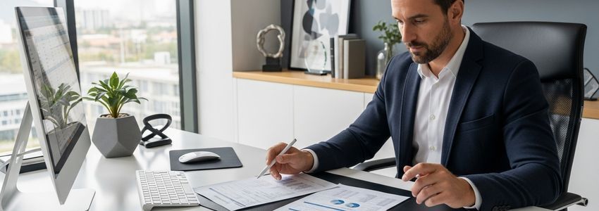 Business owner reviewing line of credit management strategy at desk