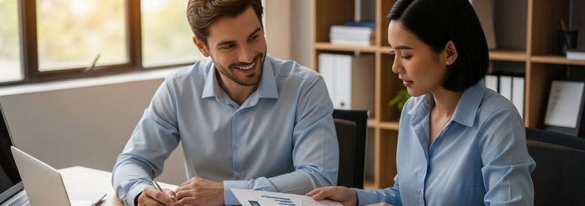 Small business owner and financial advisor reviewing loan documents