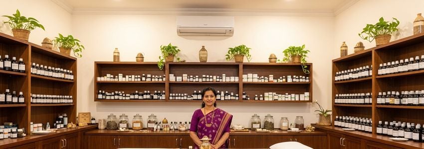 Ayurvedic clinic practitioner with herbal remedies and treatment supplies in a professional wellness center