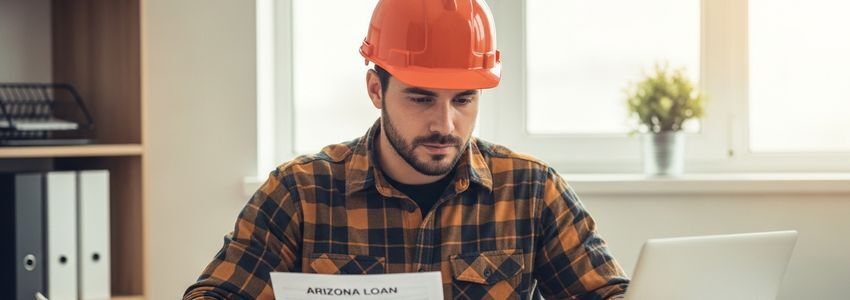 Arizona contractor reviewing financing documents and loan options at office desk