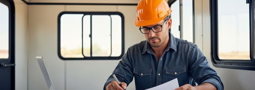 Contractor reviewing backhoe financing documents at a job site trailer