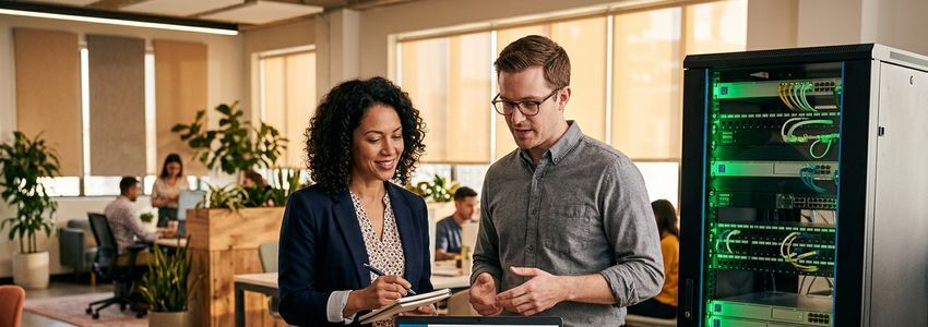 Business owner and IT consultant reviewing server backup status near a server rack in a modern office