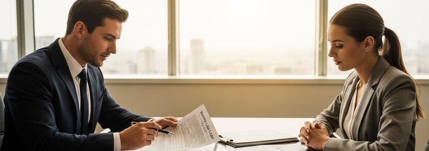 Business professional and advisor reviewing a bad credit business loan application together at an office desk