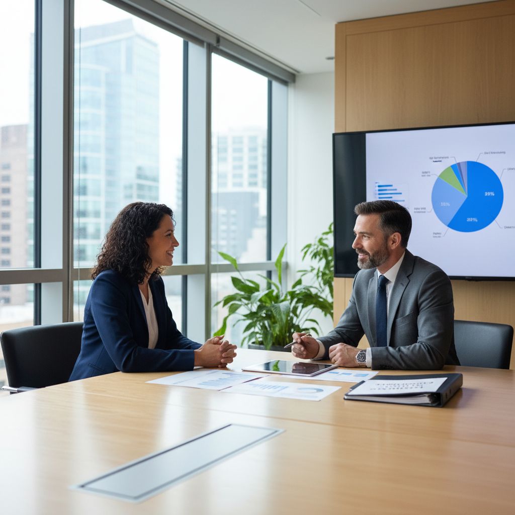 Small business owner meeting with a financial advisor to review financing options at a conference table